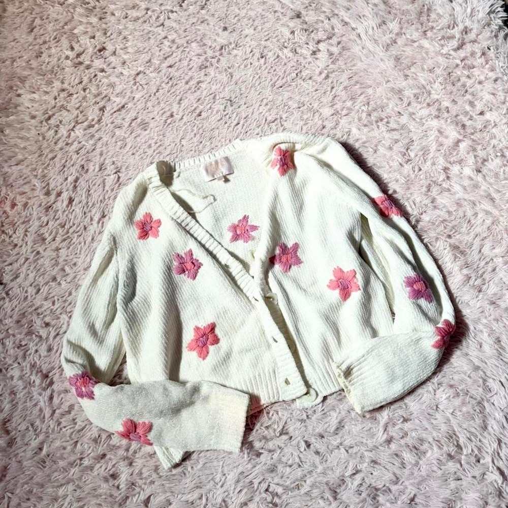 Delicate Girly Floral Embroidered Coquette Twee Cropped Cardigan Womens S Soft